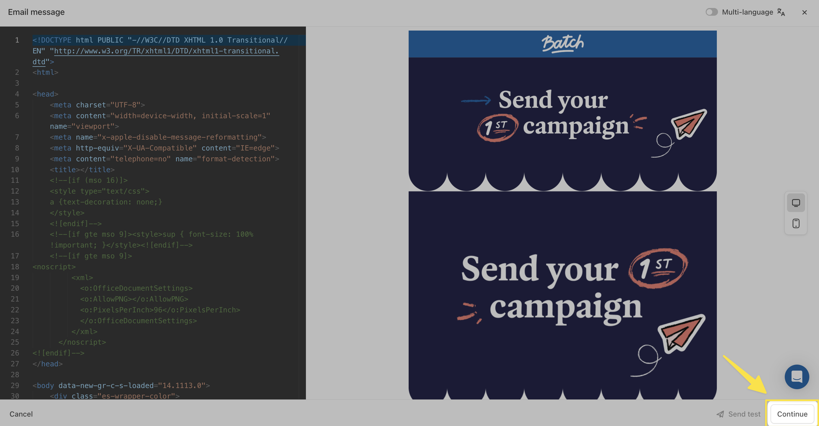 Continue button to save an email template